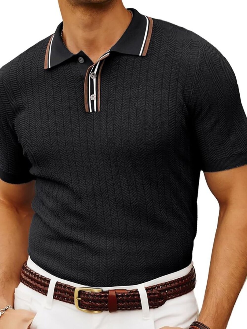 Men's Black Knitted Polo Short Sleeve Textured Pullover Golf Tee Shirt
